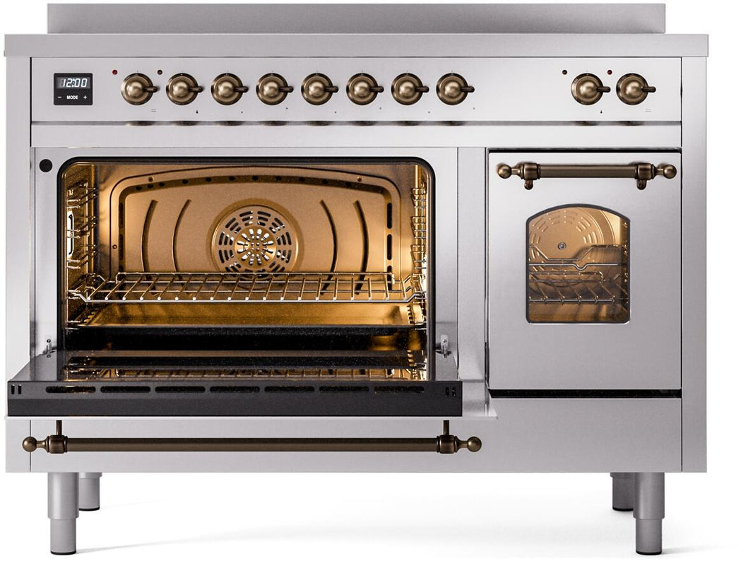 ILVE Nostalgie II 48-Inch Freestanding Electric Induction Range in Stainless Steel with Bronze Trim (UPI486NMPSSB)