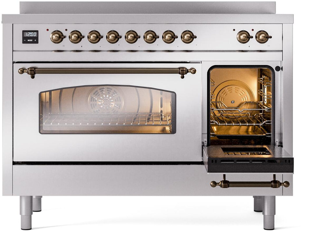 ILVE Nostalgie II 48-Inch Freestanding Electric Induction Range in Stainless Steel with Bronze Trim (UPI486NMPSSB)