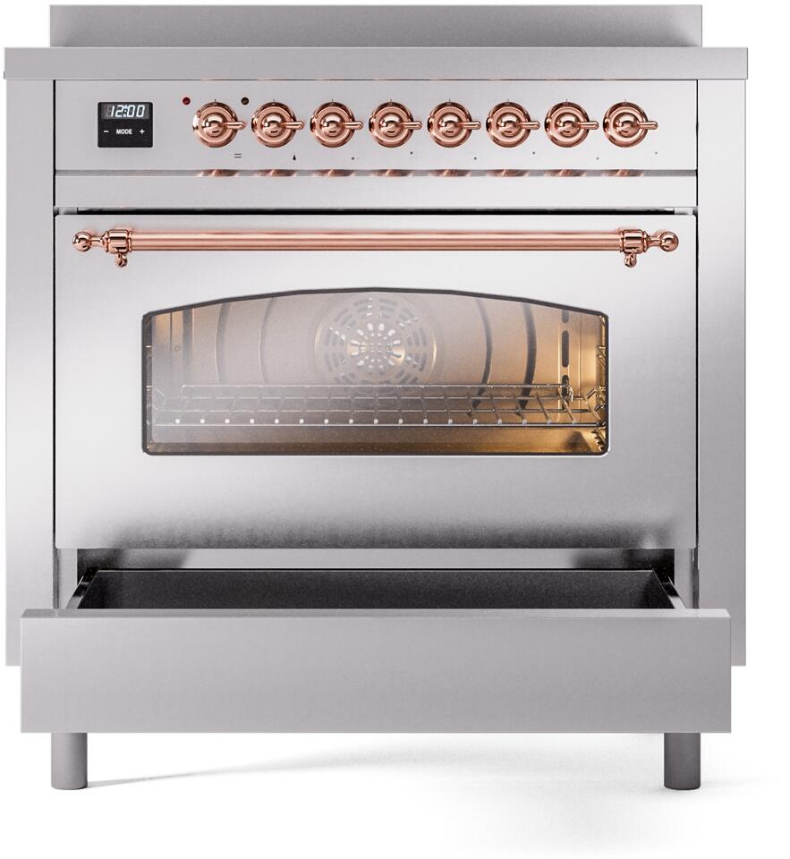 ILVE Nostalgie II 36-Inch Freestanding Electric Induction Range in Stainless Steel with Copper Trim (UPI366NMPSSP)