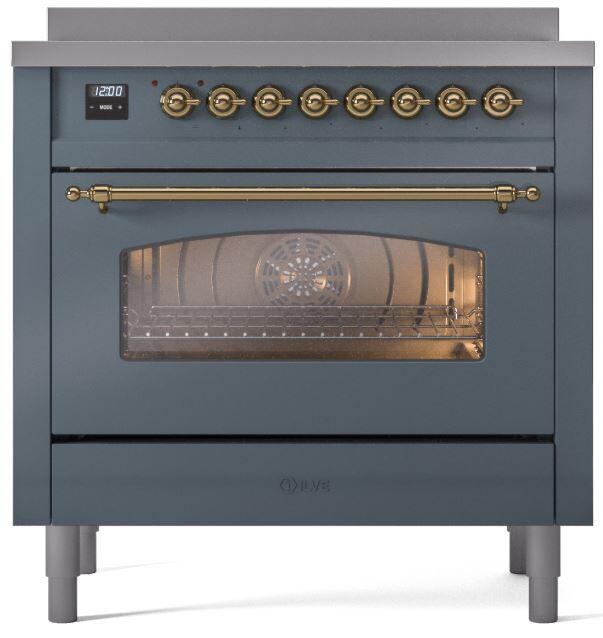 ILVE Nostalgie II 36-Inch Freestanding Electric Induction Range in Blue Grey with Brass Trim (UPI366NMPBGG)