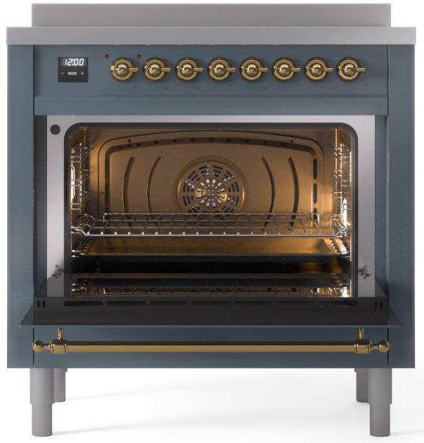 ILVE Nostalgie II 36-Inch Freestanding Electric Induction Range in Blue Grey with Brass Trim (UPI366NMPBGG)