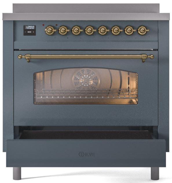 ILVE Nostalgie II 36-Inch Freestanding Electric Induction Range in Blue Grey with Brass Trim (UPI366NMPBGG)