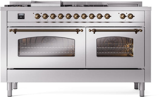 ILVE Nostalgie II 60-Inch Dual Fuel Freestanding Range in Stainless Steel with Bronze Trim (UP60FSNMPSSB)