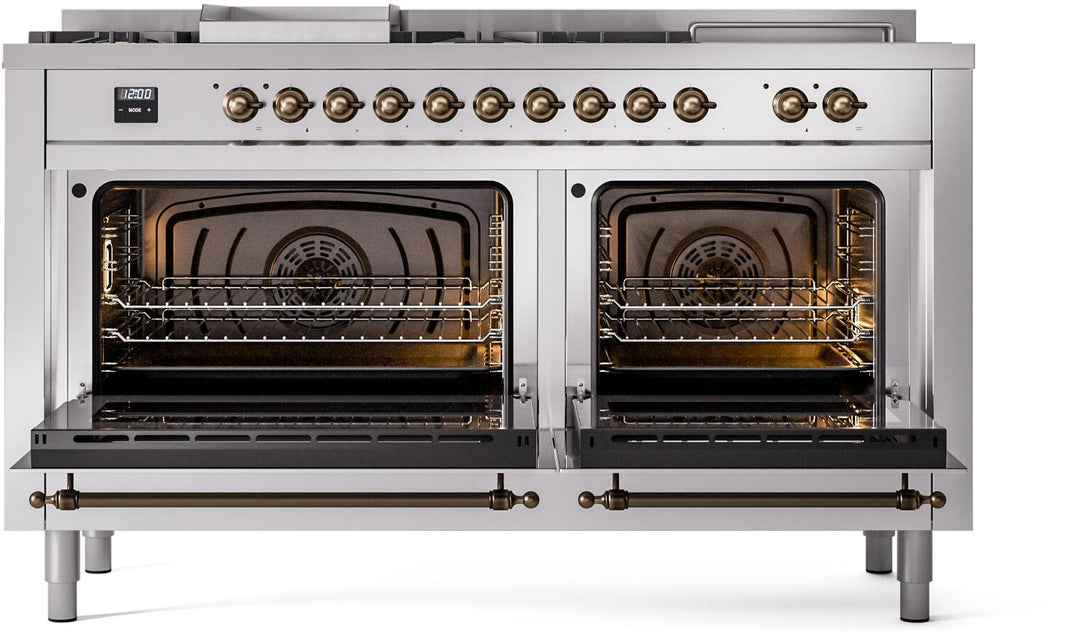 ILVE Nostalgie II 60-Inch Dual Fuel Freestanding Range in Stainless Steel with Bronze Trim (UP60FSNMPSSB)