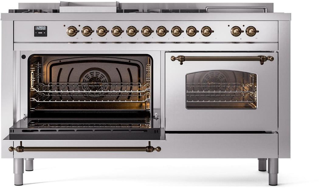 ILVE Nostalgie II 60-Inch Dual Fuel Freestanding Range in Stainless Steel with Bronze Trim (UP60FSNMPSSB)