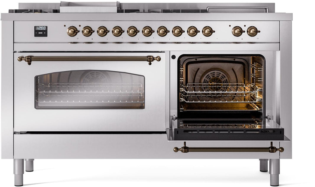 ILVE Nostalgie II 60-Inch Dual Fuel Freestanding Range in Stainless Steel with Bronze Trim (UP60FSNMPSSB)