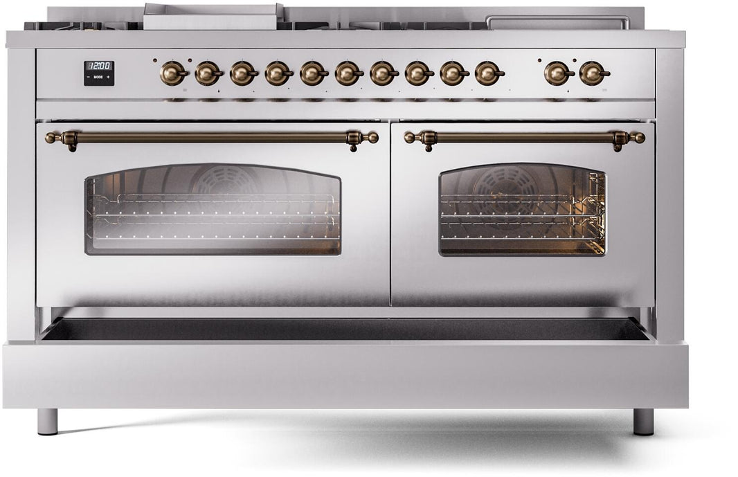 ILVE Nostalgie II 60-Inch Dual Fuel Freestanding Range in Stainless Steel with Bronze Trim (UP60FSNMPSSB)