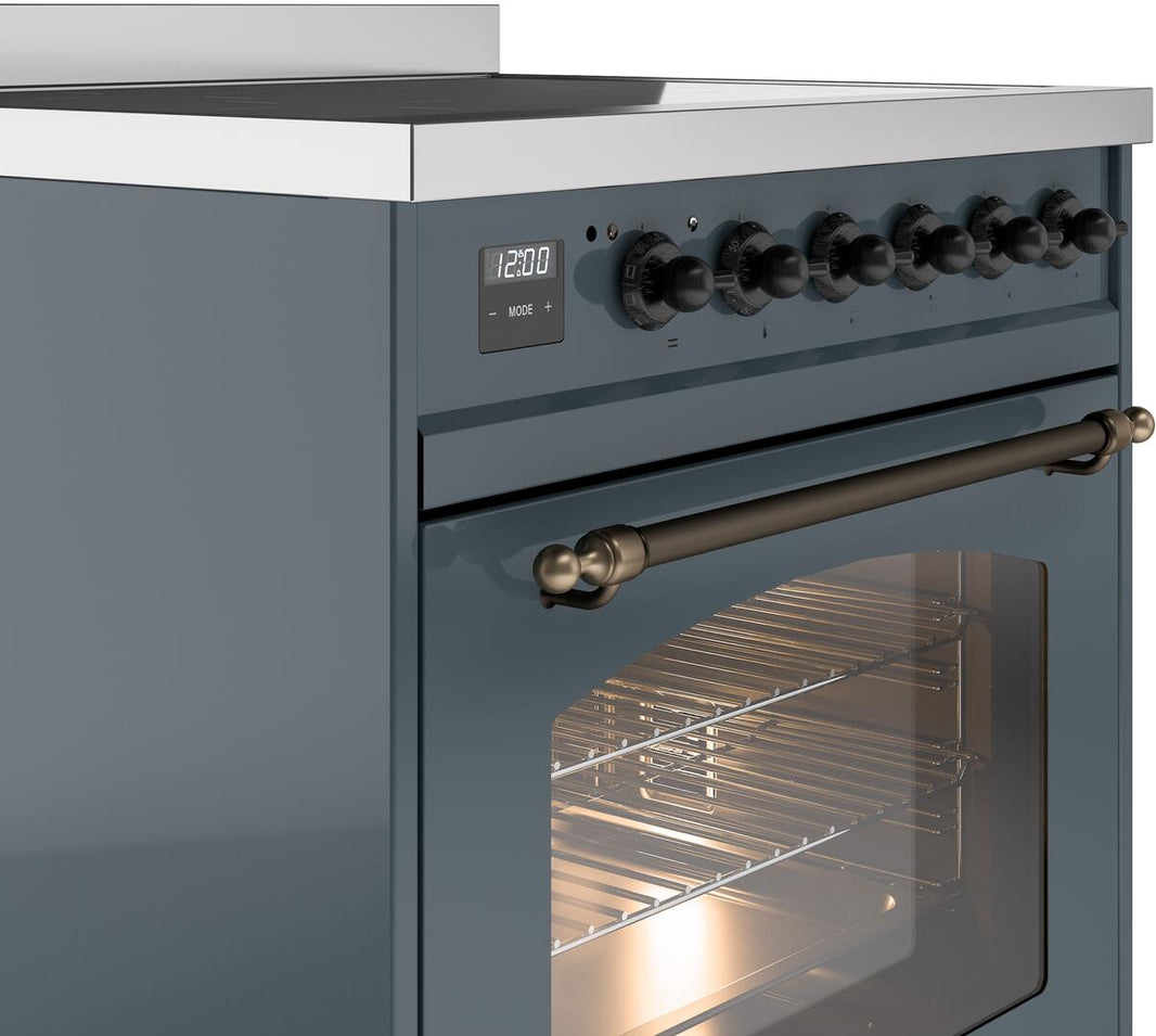 ILVE Nostalgie II 30-Inch Freestanding Electric Induction Range in Blue Grey with Bronze Trim (UPI304NMPBGB)