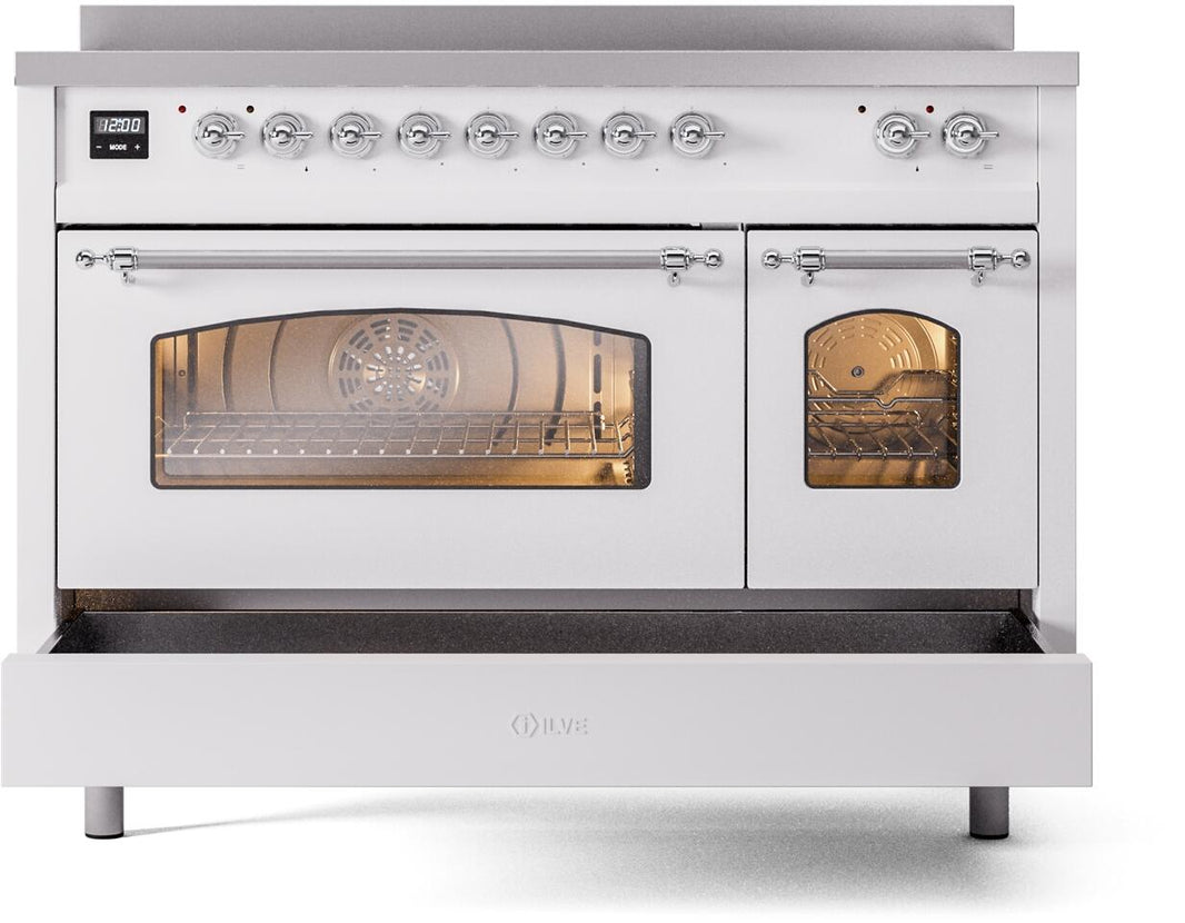 ILVE Nostalgie II 48-Inch Freestanding Electric Induction Range in White with Chrome Trim (UPI486NMPWHC)