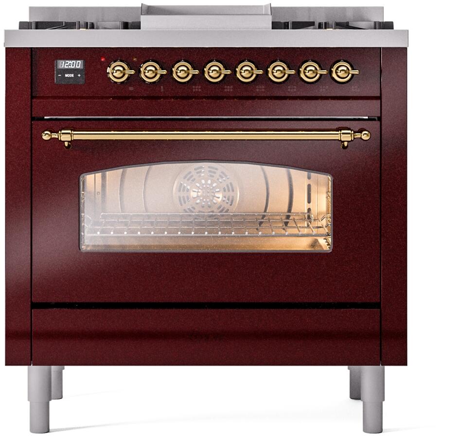 ILVE Nostalgie II 36-Inch Dual Fuel Freestanding Range in Burgundy with Brass Trim (UP36FNMPBUG)