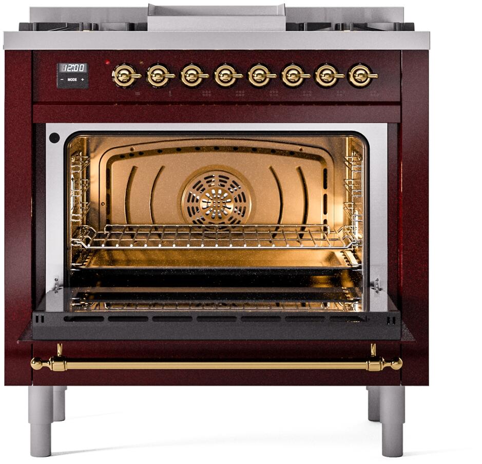 ILVE Nostalgie II 36-Inch Dual Fuel Freestanding Range in Burgundy with Brass Trim (UP36FNMPBUG)