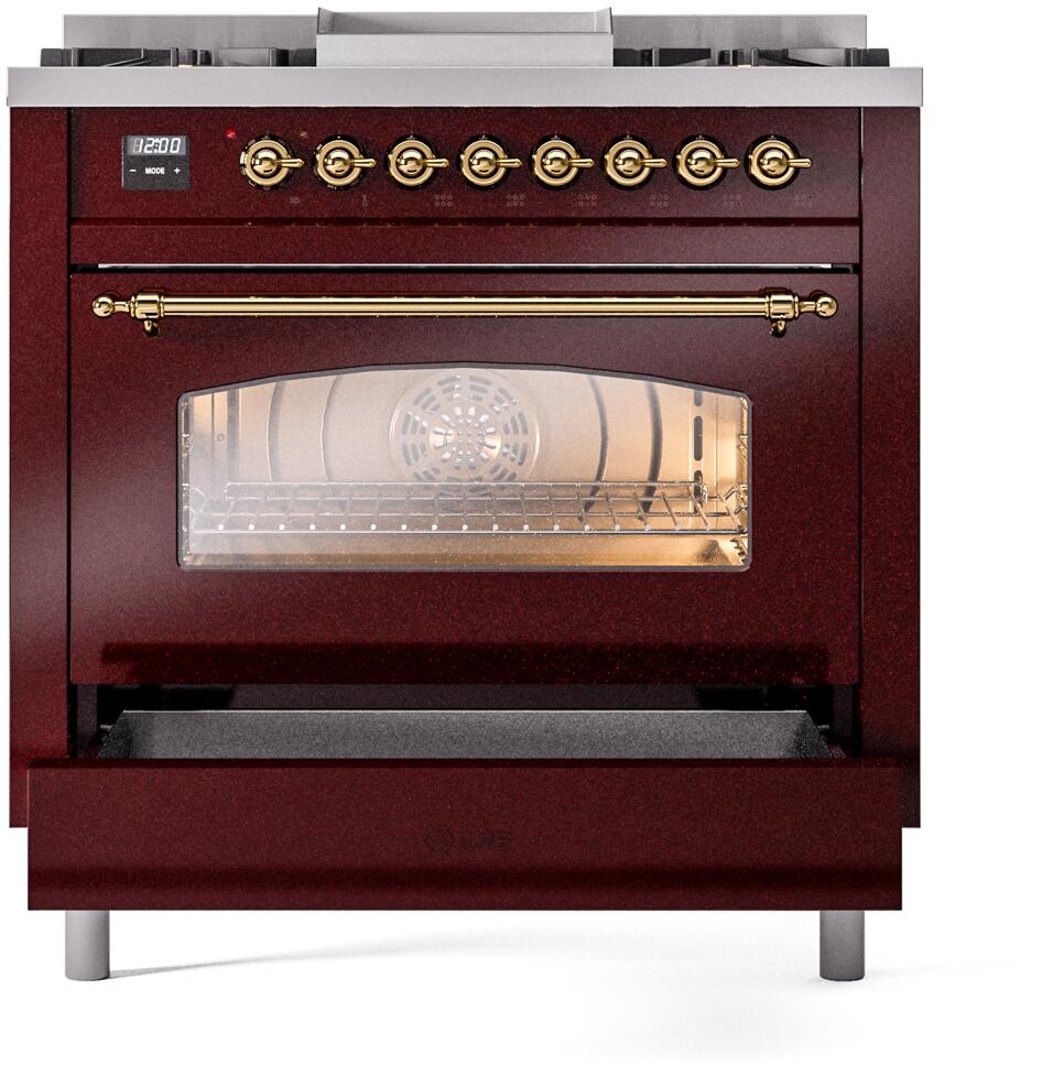 ILVE Nostalgie II 36-Inch Dual Fuel Freestanding Range in Burgundy with Brass Trim (UP36FNMPBUG)