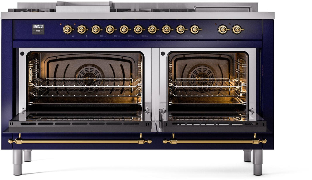 ILVE Nostalgie II 60-Inch Dual Fuel Freestanding Range in Midnight Blue with Brass Trim (UP60FSNMPMBG)