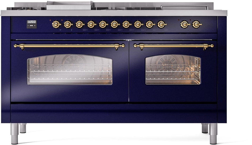 ILVE Nostalgie II 60-Inch Dual Fuel Freestanding Range in Midnight Blue with Brass Trim (UP60FSNMPMBG)