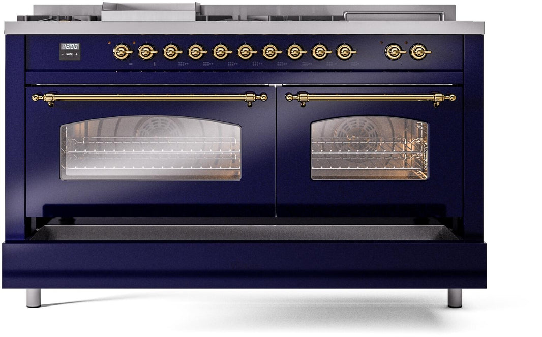 ILVE Nostalgie II 60-Inch Dual Fuel Freestanding Range in Midnight Blue with Brass Trim (UP60FSNMPMBG)