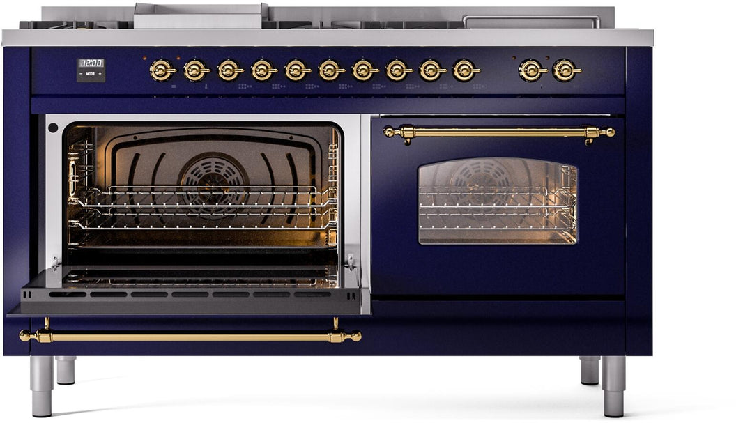 ILVE Nostalgie II 60-Inch Dual Fuel Freestanding Range in Midnight Blue with Brass Trim (UP60FSNMPMBG)