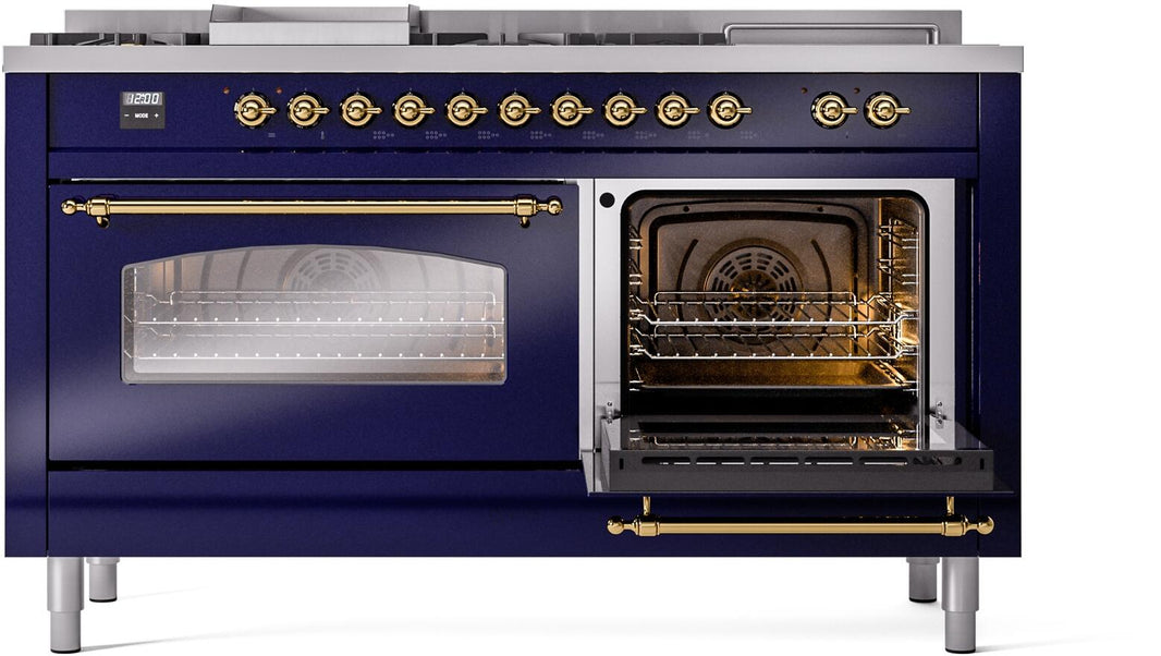 ILVE Nostalgie II 60-Inch Dual Fuel Freestanding Range in Midnight Blue with Brass Trim (UP60FSNMPMBG)