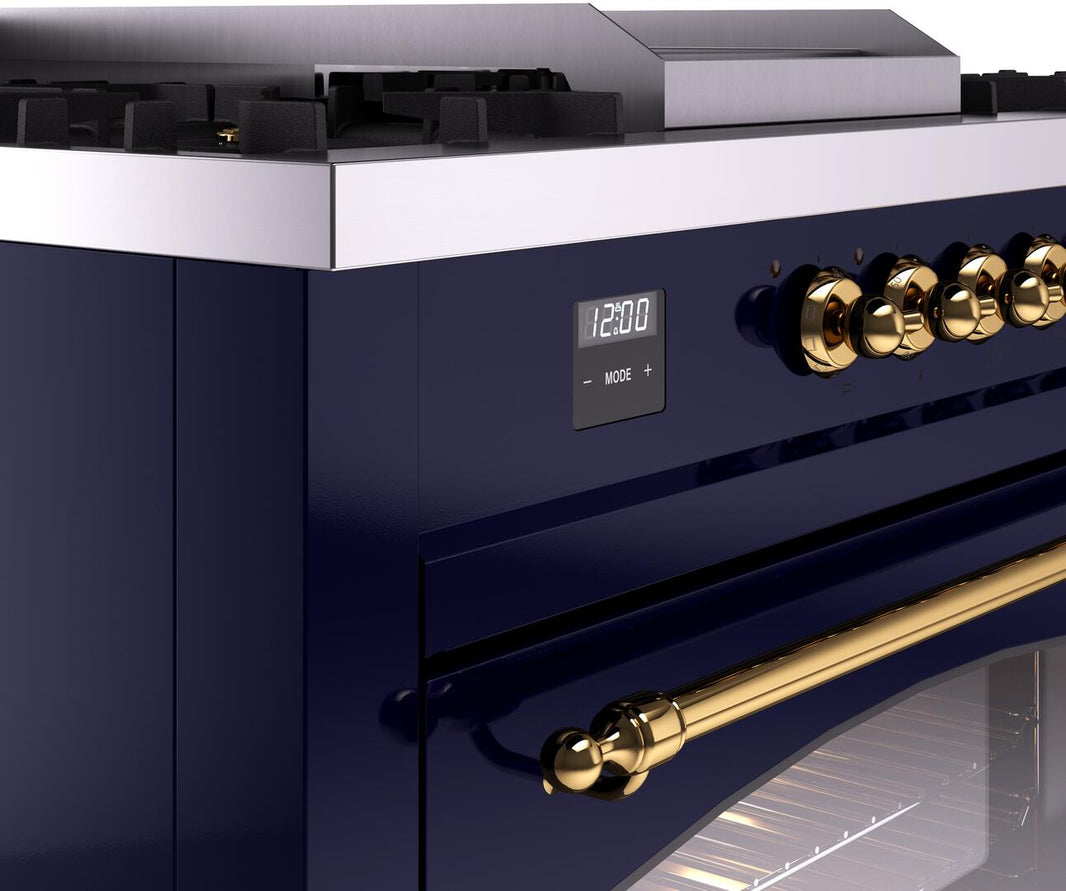 ILVE Nostalgie II 60-Inch Dual Fuel Freestanding Range in Midnight Blue with Brass Trim (UP60FSNMPMBG)