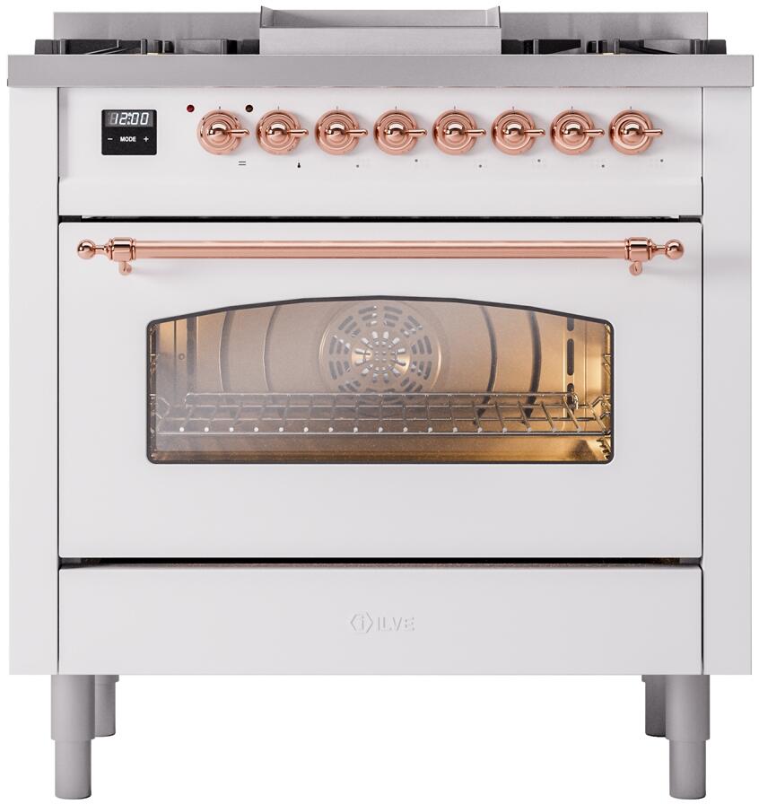 ILVE Nostalgie II 36-Inch Dual Fuel Freestanding Range in White with Copper Trim (UP36FNMPWHP)