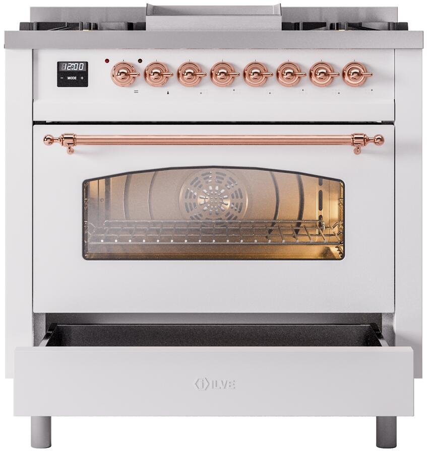 ILVE Nostalgie II 36-Inch Dual Fuel Freestanding Range in White with Copper Trim (UP36FNMPWHP)