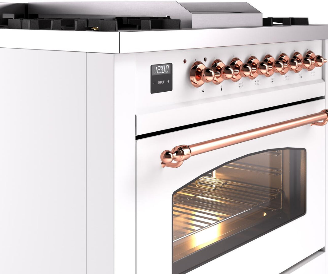 ILVE Nostalgie II 36-Inch Dual Fuel Freestanding Range in White with Copper Trim (UP36FNMPWHP)