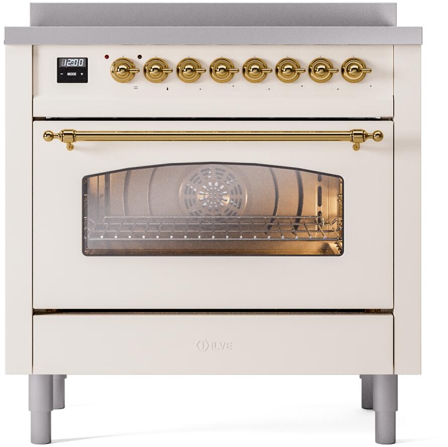 ILVE Nostalgie II 36-Inch Freestanding Electric Induction Range in Antique White with Brass Trim (UPI366NMPAWG)