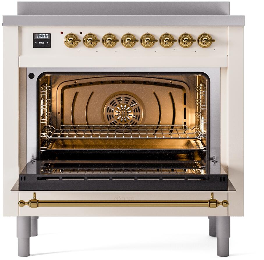 ILVE Nostalgie II 36-Inch Freestanding Electric Induction Range in Antique White with Brass Trim (UPI366NMPAWG)