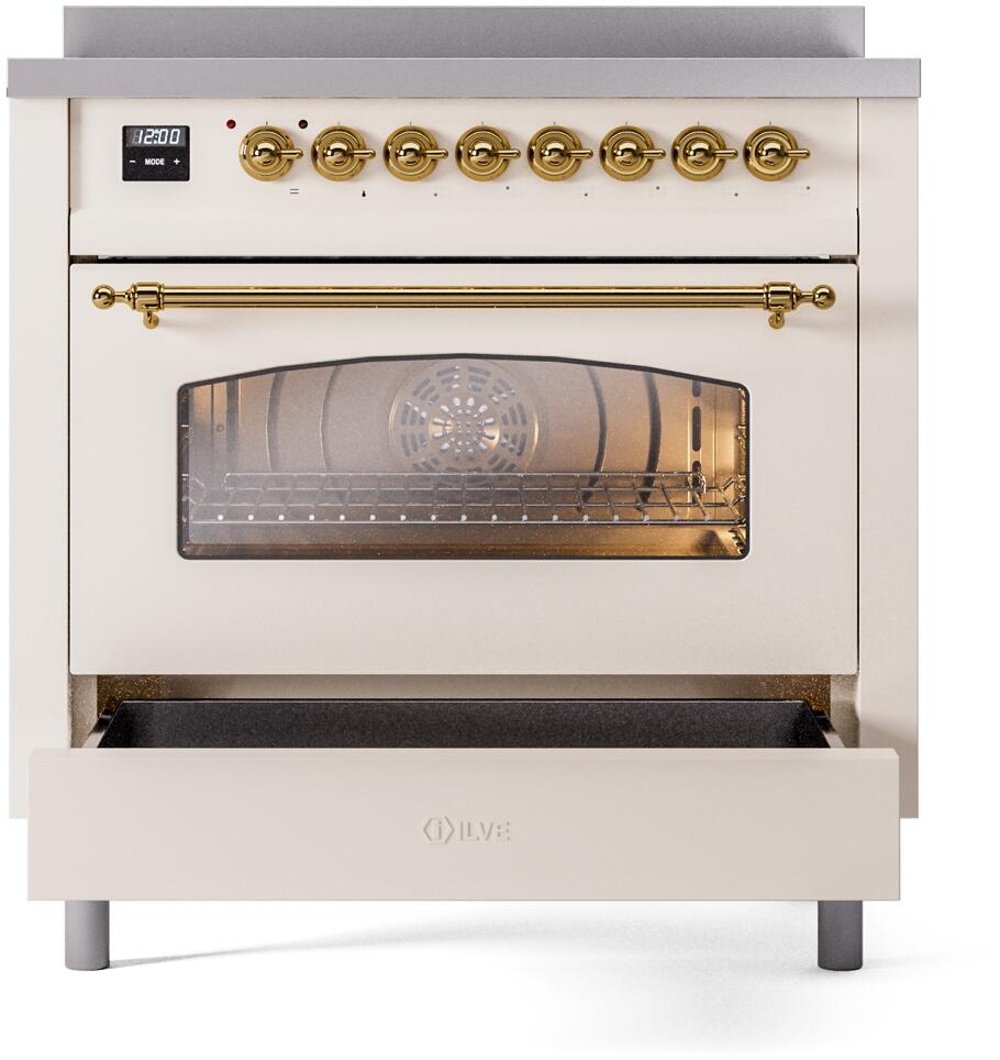 ILVE Nostalgie II 36-Inch Freestanding Electric Induction Range in Antique White with Brass Trim (UPI366NMPAWG)