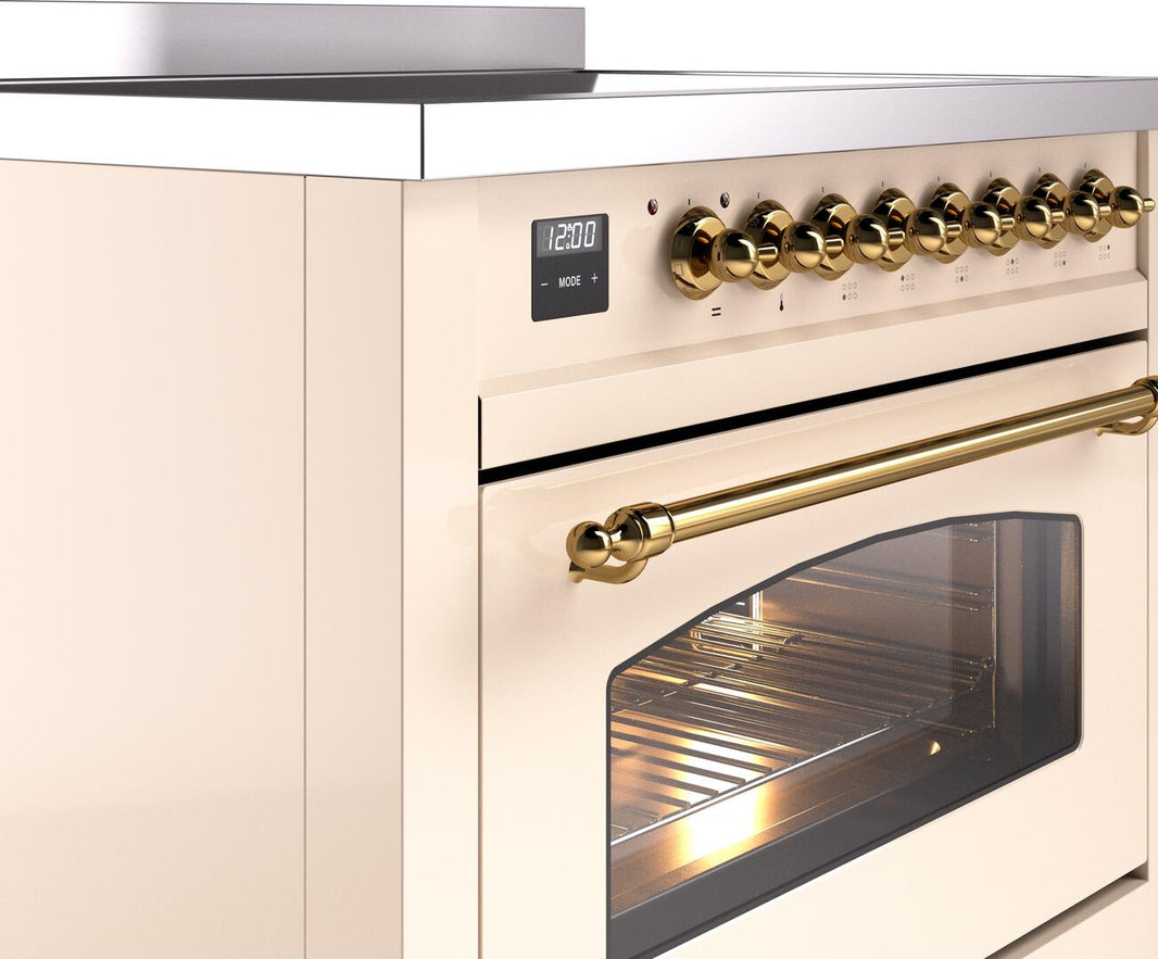 ILVE Nostalgie II 36-Inch Freestanding Electric Induction Range in Antique White with Brass Trim (UPI366NMPAWG)