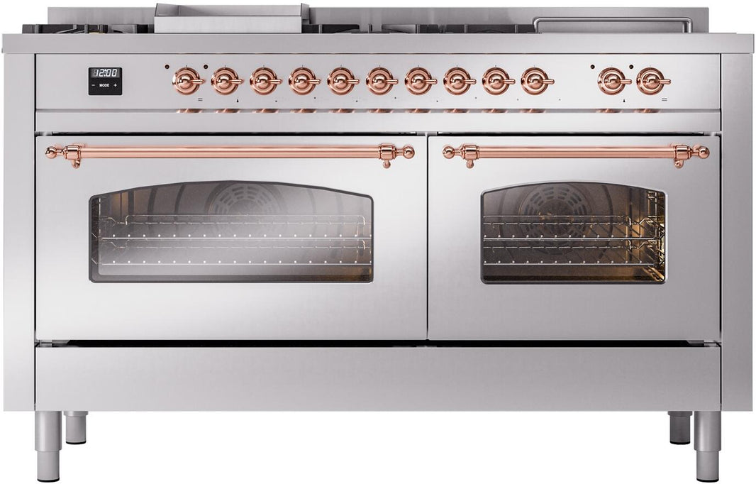 ILVE Nostalgie II 60-Inch Dual Fuel Freestanding Range in Stainless Steel with Copper Trim (UP60FSNMPSSP)