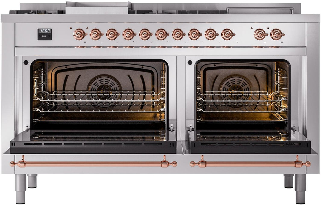 ILVE Nostalgie II 60-Inch Dual Fuel Freestanding Range in Stainless Steel with Copper Trim (UP60FSNMPSSP)