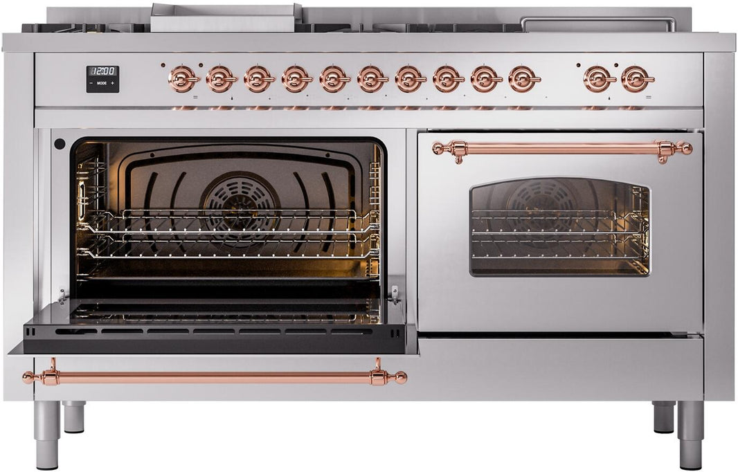 ILVE Nostalgie II 60-Inch Dual Fuel Freestanding Range in Stainless Steel with Copper Trim (UP60FSNMPSSP)