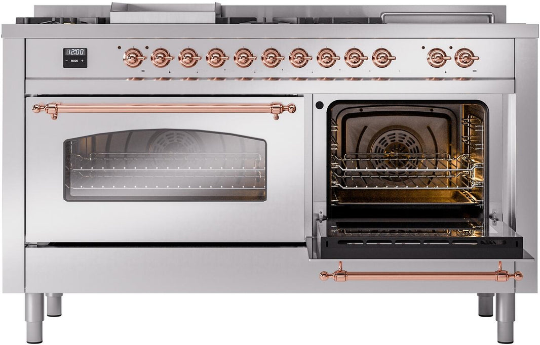 ILVE Nostalgie II 60-Inch Dual Fuel Freestanding Range in Stainless Steel with Copper Trim (UP60FSNMPSSP)