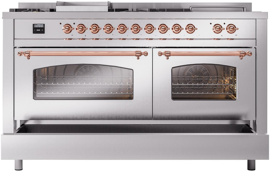 ILVE Nostalgie II 60-Inch Dual Fuel Freestanding Range in Stainless Steel with Copper Trim (UP60FSNMPSSP)