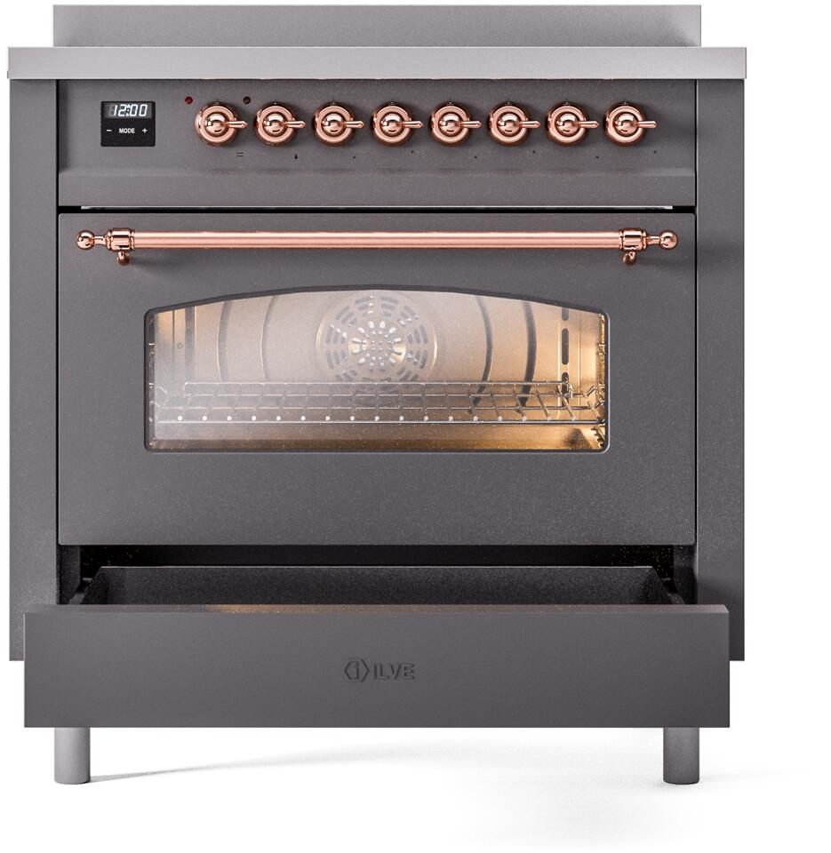 ILVE Nostalgie II 36-Inch Freestanding Electric Induction Range in Matte Graphite with Copper Trim (UPI366NMPMGP)