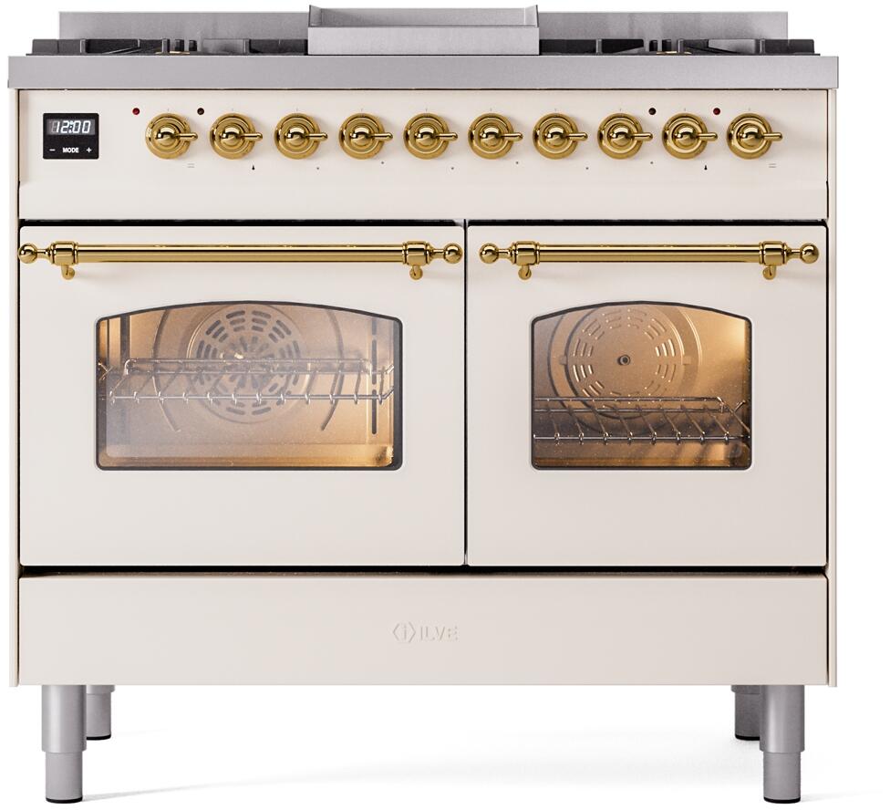 ILVE Nostalgie II 40-Inch Dual Fuel Freestanding Range in Antique White with Brass Trim (UPD40FNMPAWG)