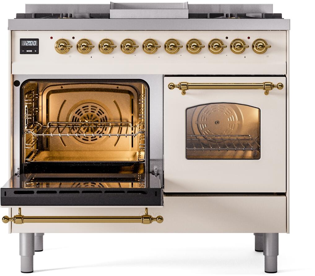 ILVE Nostalgie II 40-Inch Dual Fuel Freestanding Range in Antique White with Brass Trim (UPD40FNMPAWG)