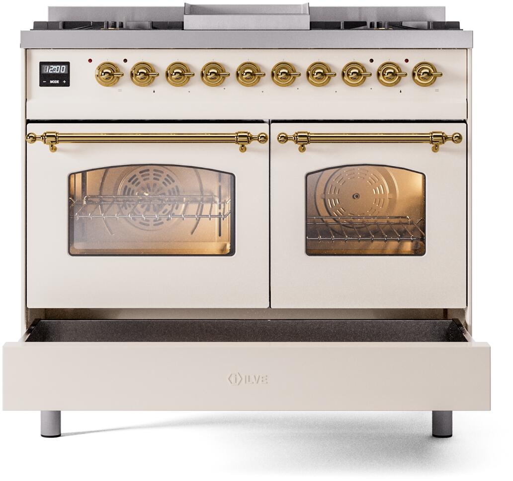 ILVE Nostalgie II 40-Inch Dual Fuel Freestanding Range in Antique White with Brass Trim (UPD40FNMPAWG)