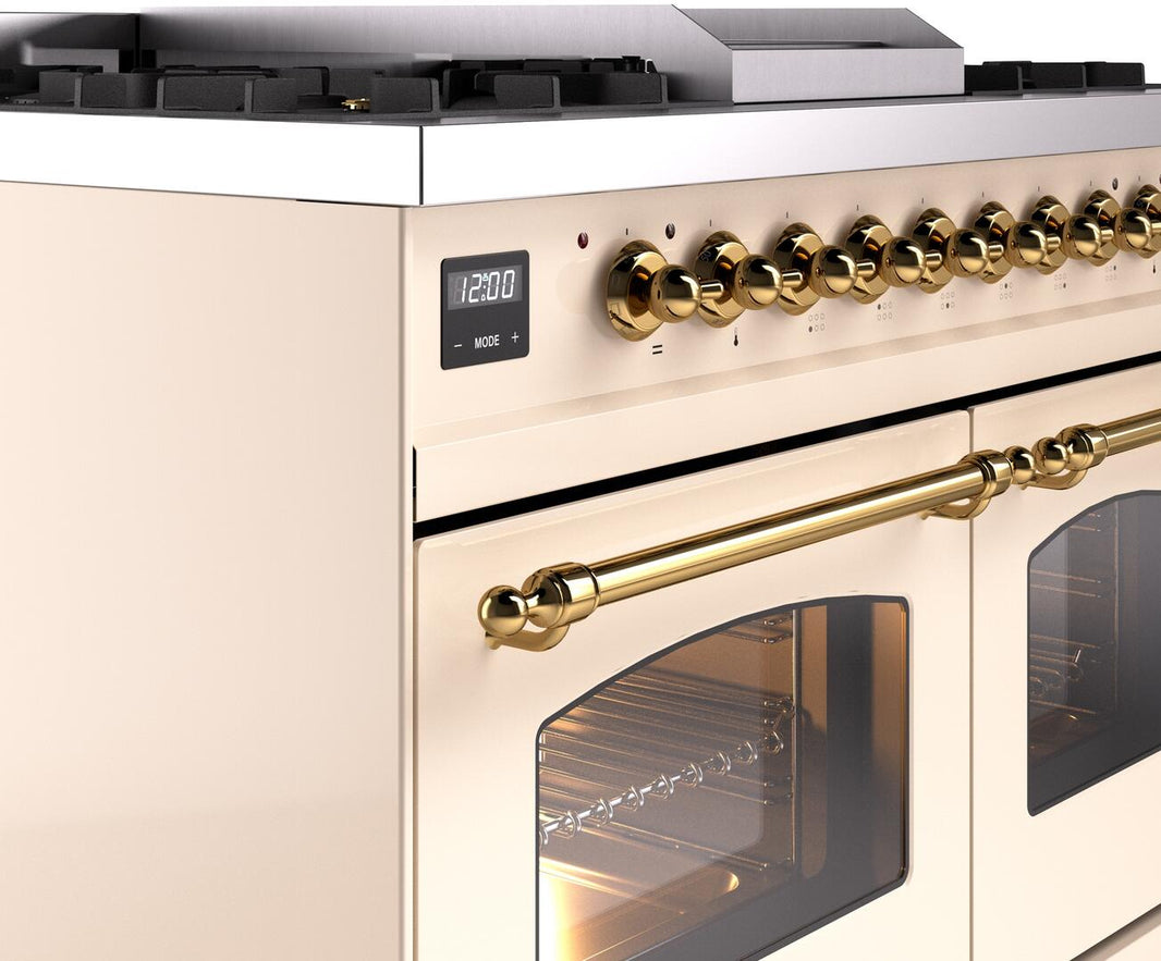 ILVE Nostalgie II 40-Inch Dual Fuel Freestanding Range in Antique White with Brass Trim (UPD40FNMPAWG)