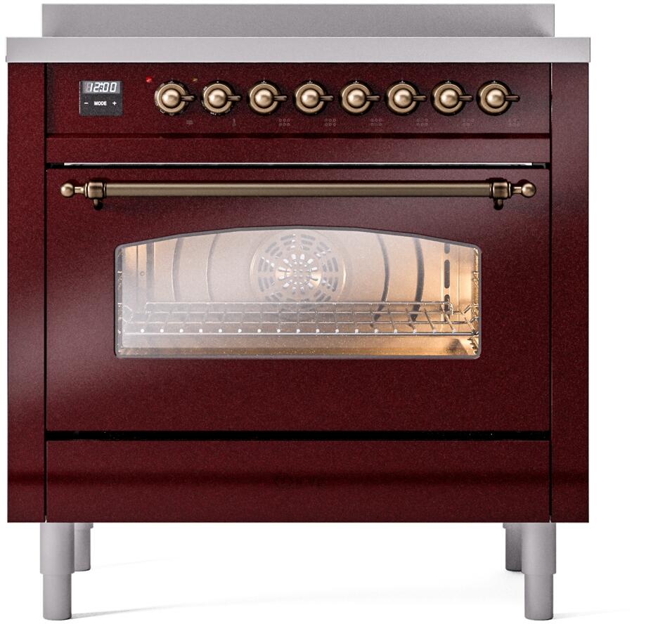 ILVE Nostalgie II 36-Inch Freestanding Electric Induction Range in Burgundy with Bronze Trim (UPI366NMPBUB)