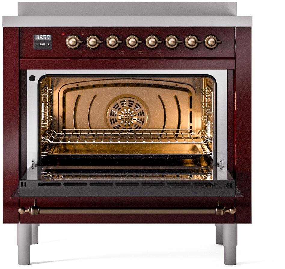 ILVE Nostalgie II 36-Inch Freestanding Electric Induction Range in Burgundy with Bronze Trim (UPI366NMPBUB)