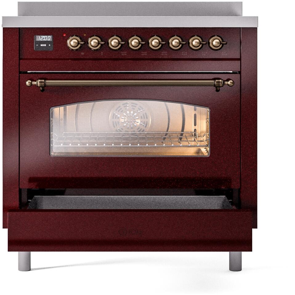 ILVE Nostalgie II 36-Inch Freestanding Electric Induction Range in Burgundy with Bronze Trim (UPI366NMPBUB)