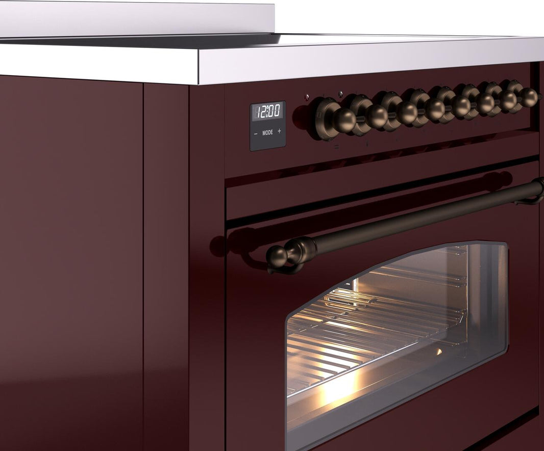 ILVE Nostalgie II 36-Inch Freestanding Electric Induction Range in Burgundy with Bronze Trim (UPI366NMPBUB)