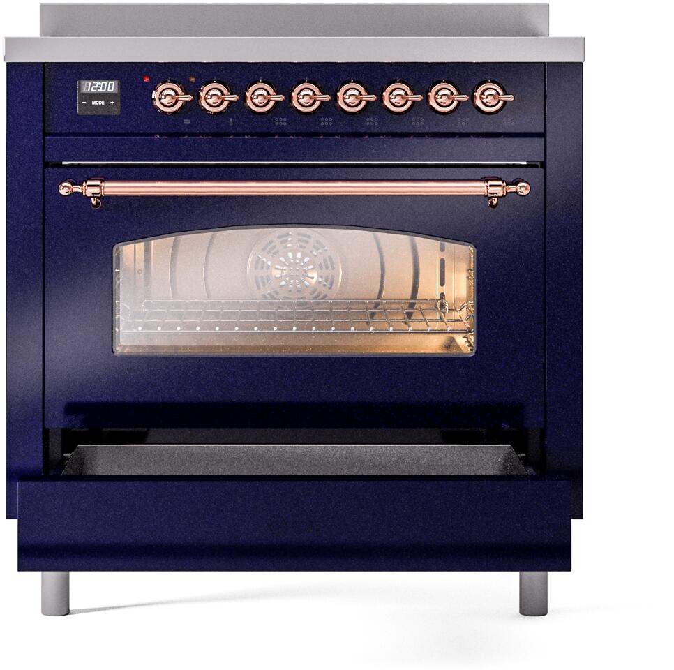 ILVE Nostalgie II 36-Inch Freestanding Electric Induction Range in Midnight Blue with Copper Trim (UPI366NMPMBP)