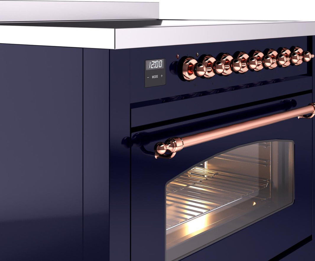 ILVE Nostalgie II 36-Inch Freestanding Electric Induction Range in Midnight Blue with Copper Trim (UPI366NMPMBP)