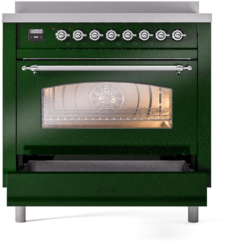 ILVE Nostalgie II 36-Inch Freestanding Electric Induction Range in Emerald Green with Chrome Trim (UPI366NMPEGC)