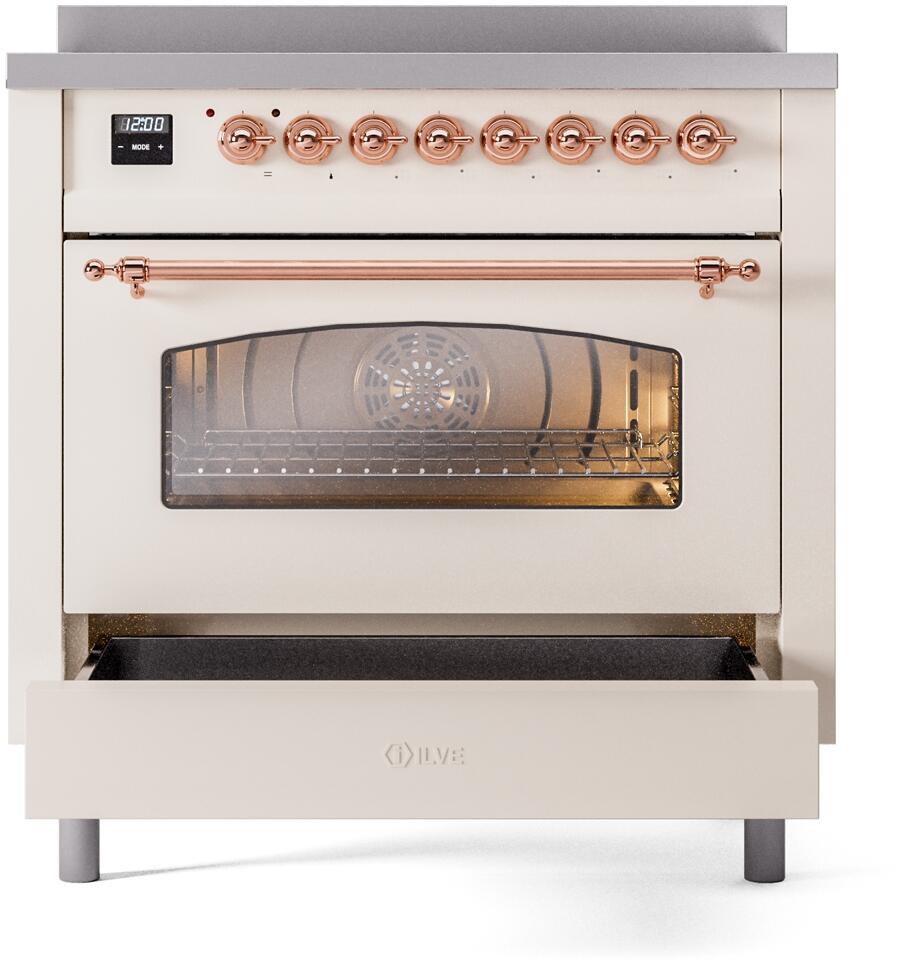 ILVE Nostalgie II 36-Inch Freestanding Electric Induction Range in Antique White with Copper Trim (UPI366NMPAWP)