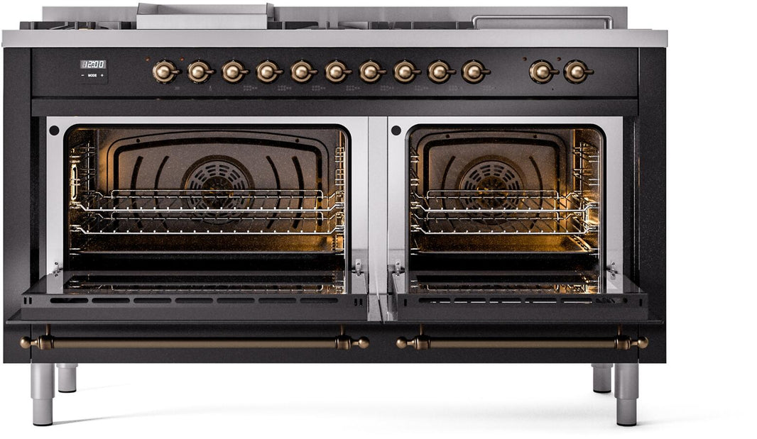 ILVE Nostalgie II 60-Inch Dual Fuel Freestanding Range in Glossy Black with Bronze Trim (UP60FSNMPBKB)