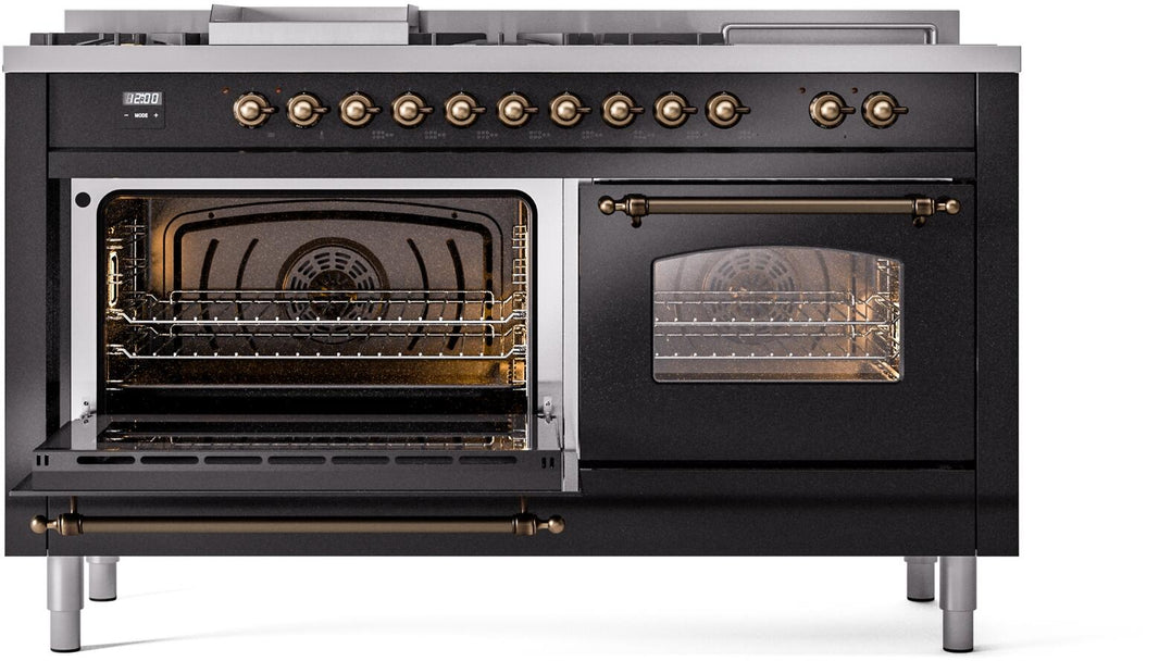 ILVE Nostalgie II 60-Inch Dual Fuel Freestanding Range in Glossy Black with Bronze Trim (UP60FSNMPBKB)