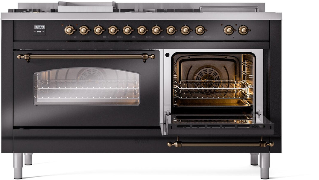 ILVE Nostalgie II 60-Inch Dual Fuel Freestanding Range in Glossy Black with Bronze Trim (UP60FSNMPBKB)